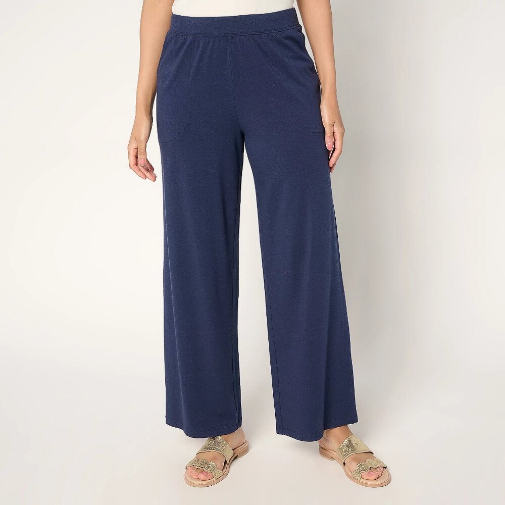 Denim & Co. Beach Jersey Petite Full Length Wide Leg Pant - Navy Sz XXSP a678642